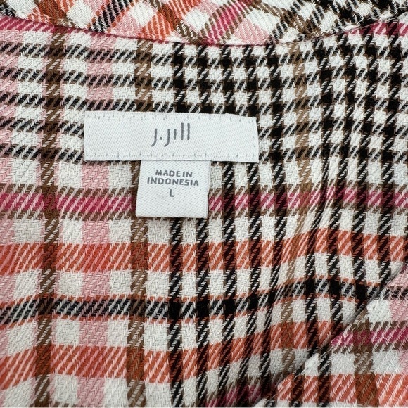 J Jill Ruffled Plaid Button Down Shirt Blouse Tea Rose L - Picture 12 of 16